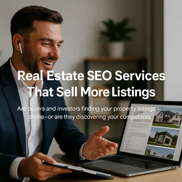 Real estate SEO services strategy illustration showing increased property listing visibility on search engines.
