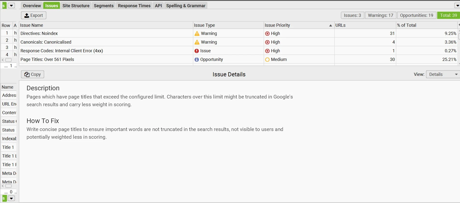 Audit report on screaming frog showing various web issues