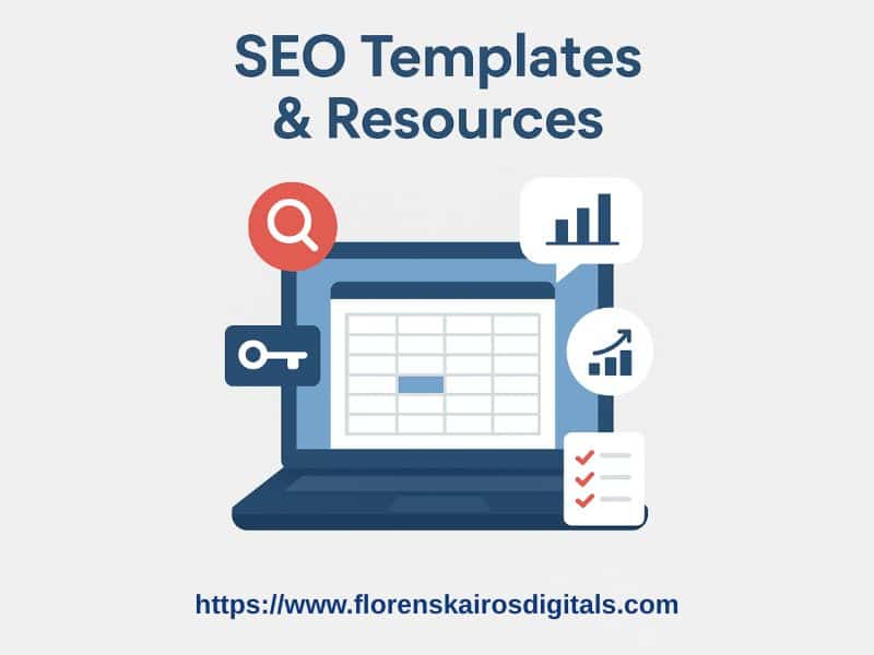 SEO templates and resources illustration showing a laptop with spreadsheets, search icon, keyword symbol, charts, and checklist – free tools from Florens Kairos Digitals