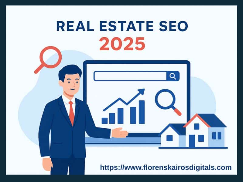 Illustration of real estate SEO showing agent, houses, and search analytics in 2025.