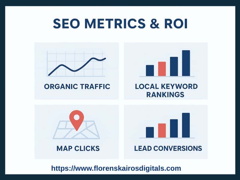 SEO ROI metrics for real estate showing traffic, rankings, and lead conversions.