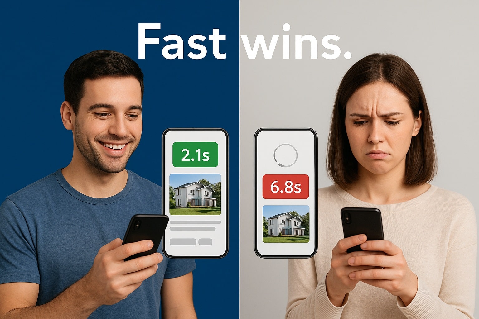 Split image comparing fast and slow mobile load times for property pages illustrating Core Web Vitals impact.
