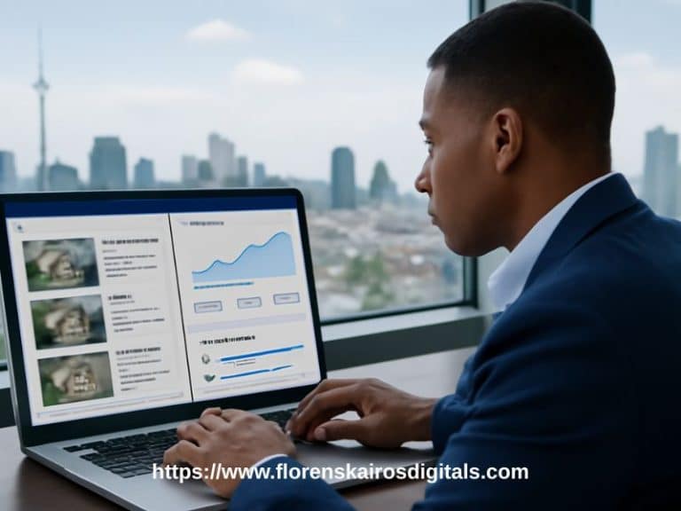 A real estate agent reviewing SEO performance dashboards with property listings on screen, representing how real estate SEO helps agents boost visibility and sell more properties in 2025.