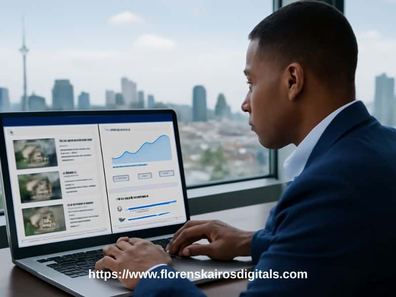 A real estate agent reviewing SEO performance dashboards with property listings on screen, representing how real estate SEO helps agents boost visibility and sell more properties in 2025.