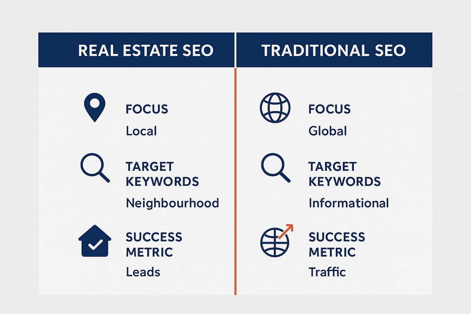 Comparison chart showing differences between real estate SEO and traditional SEO in focus, keywords, and metrics.
