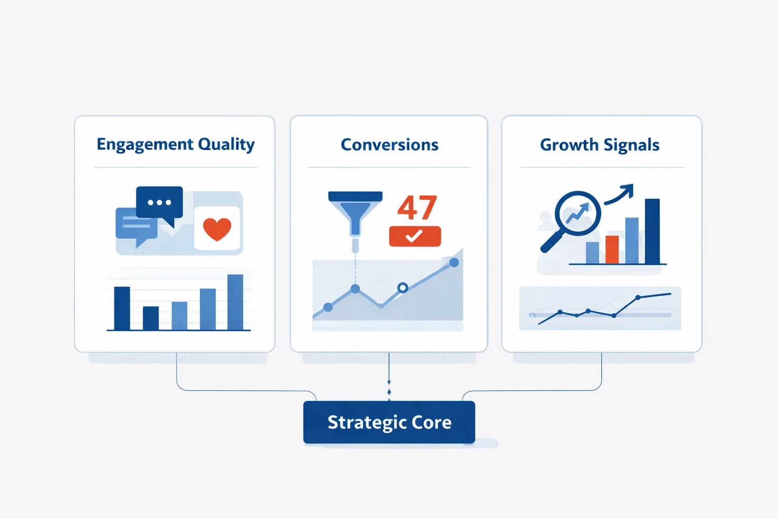 Minimalist marketing dashboard highlighting engagement quality, conversions, and growth signals instead of vanity metrics.