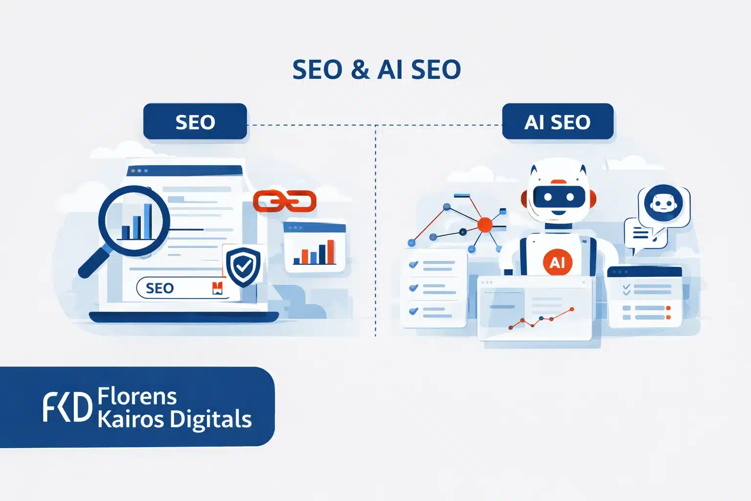 Illustration representing SEO and AI SEO services with search engine rankings, AI-driven analytics, structured data elements, and digital growth strategy visualization