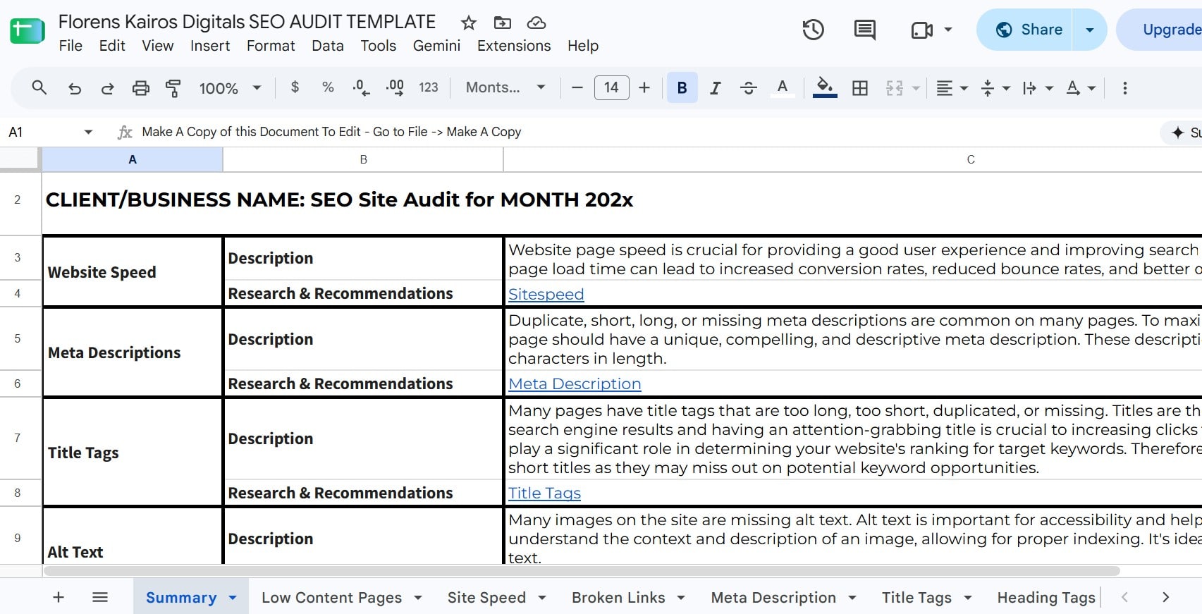 screenshot of an seo audit spreadsheet by florens kairos digitals depicting on-page, and technical seo issues