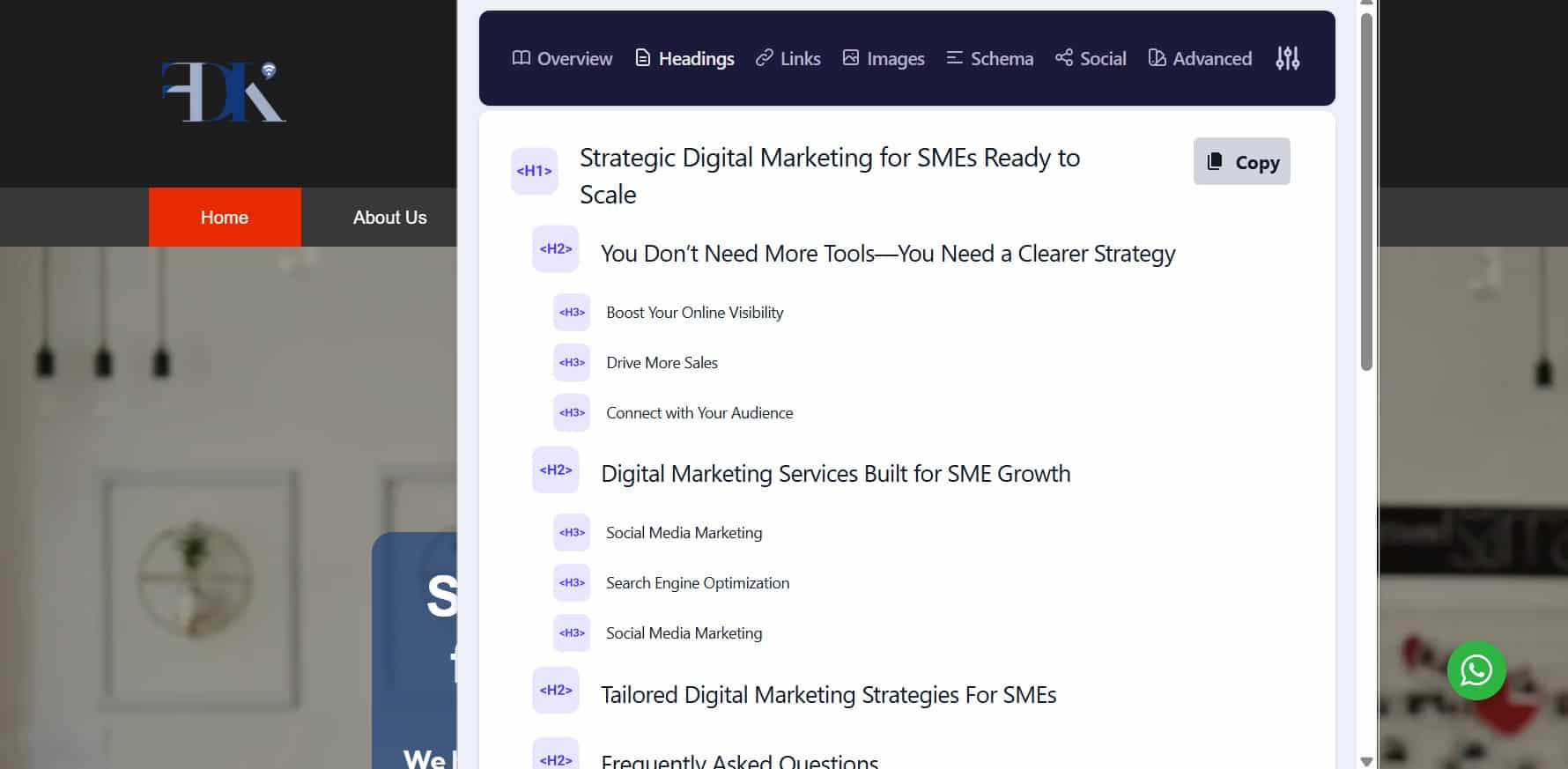 screenshot of on-page seo audit of florens kairos digitals homepage