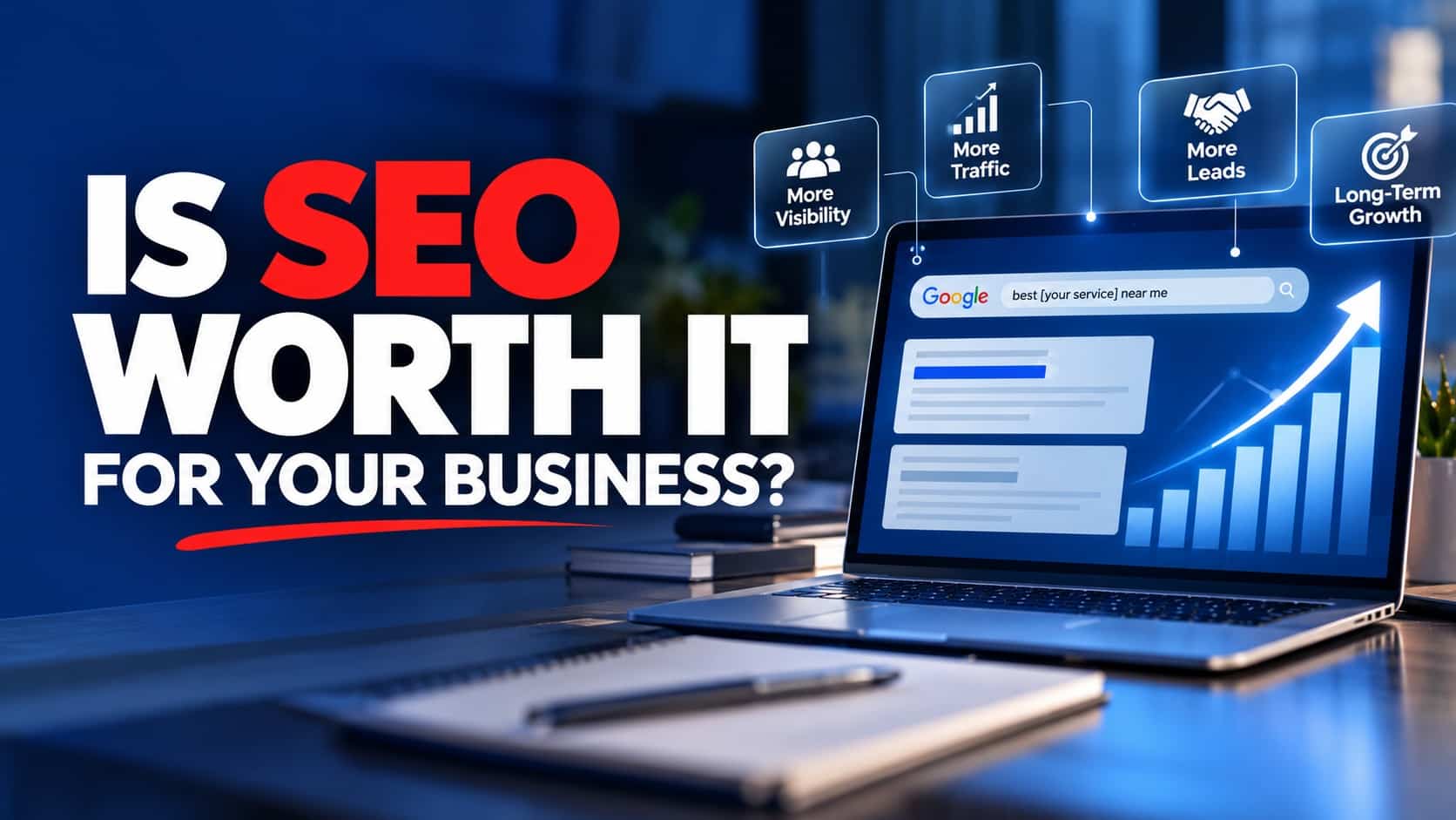 Is SEO worth it for your business? SEO strategy showing search visibility, traffic, leads, and long-term growth.