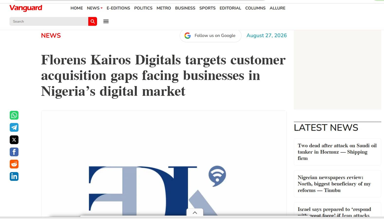 screen-shot of florens kairos digitals digital pr campaign with vanguard news