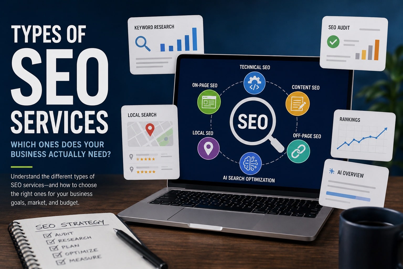 SEO strategy dashboard illustrating technical SEO, on-page SEO, content SEO, off-page SEO, local SEO, and AI search optimization