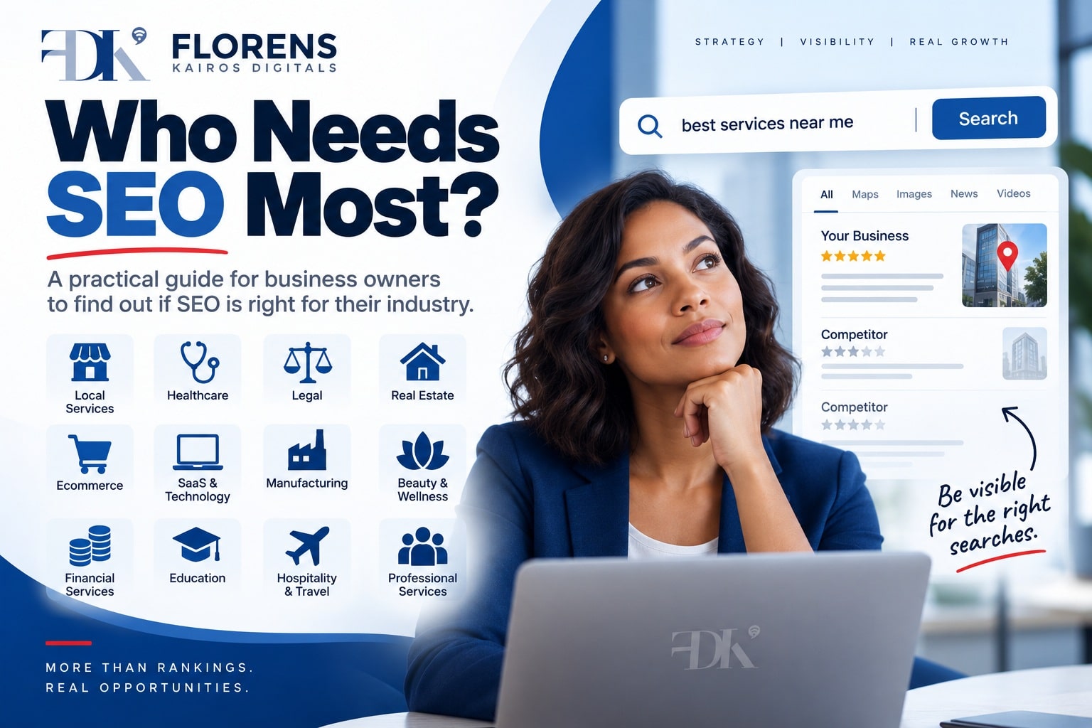 Who needs SEO most? A business guide showing industries that can benefit from SEO, including healthcare, legal, real estate, ecommerce, technology, and local services