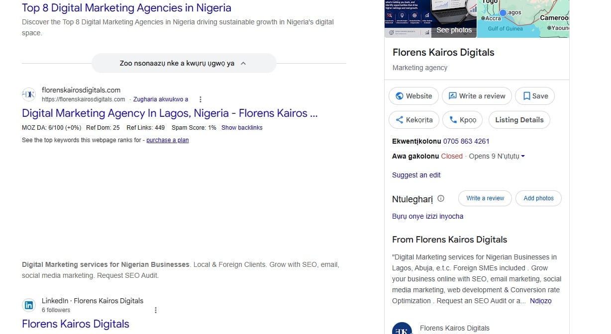 Florens Kairos Digitals GBP showing up on the first page of Google's SERP